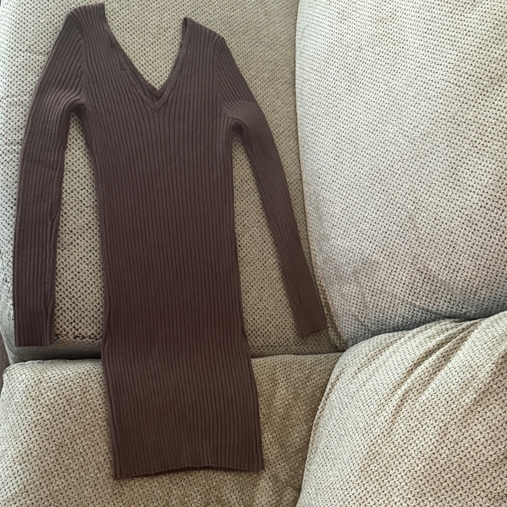 Active USA Ribbed V-Neck Sweater Dress - Chocolate Brown